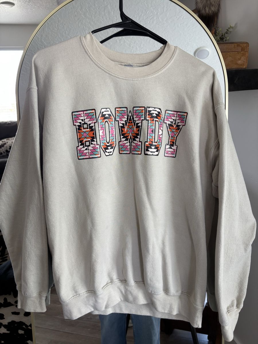 Howdy Aztec Graphic Sweatshirt - Beige with Multicolor Print