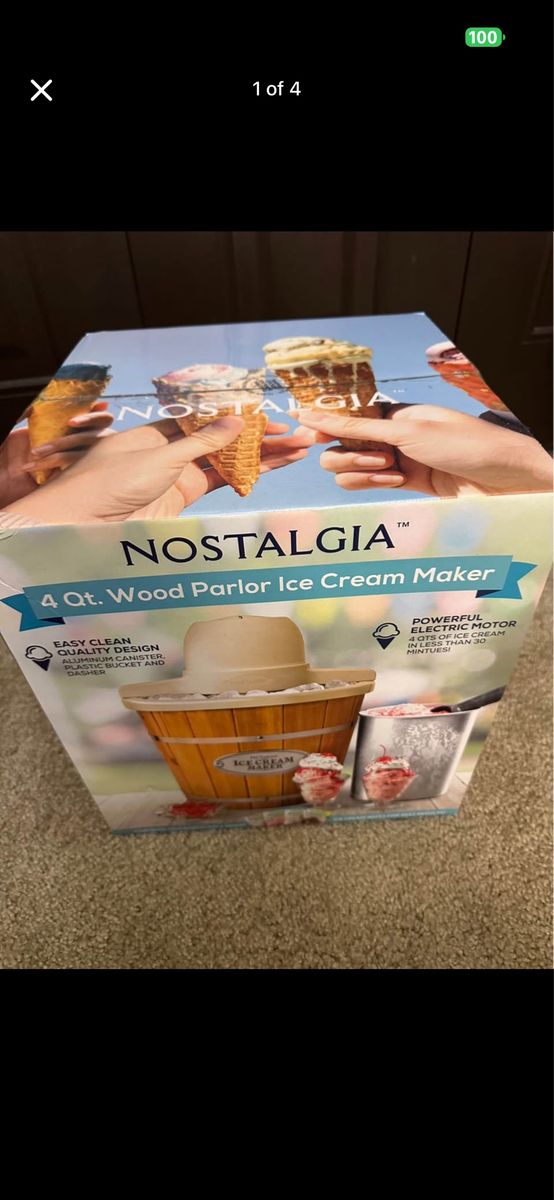 Nostalgia 4Qt Wood Parlor Ice Cream Maker Electric with Easy Clean Aluminum Canister NEW