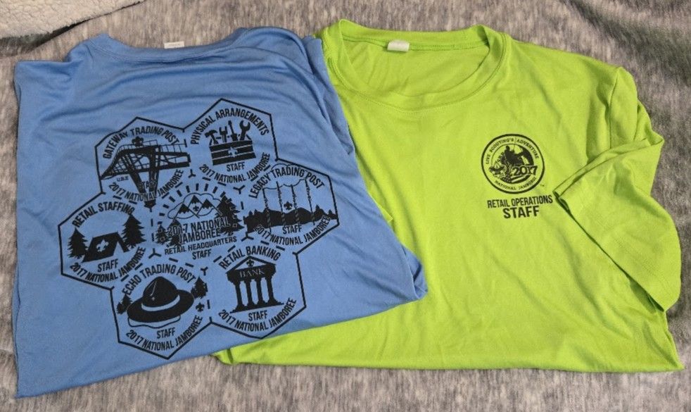 2017 Boy Scout National Jamboree  t-shirts available in blue and green size large.