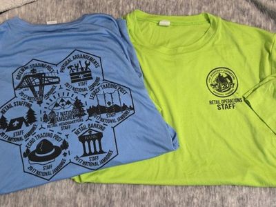 2017 Boy Scout National Jamboree t-shirts available in blue and green size large.