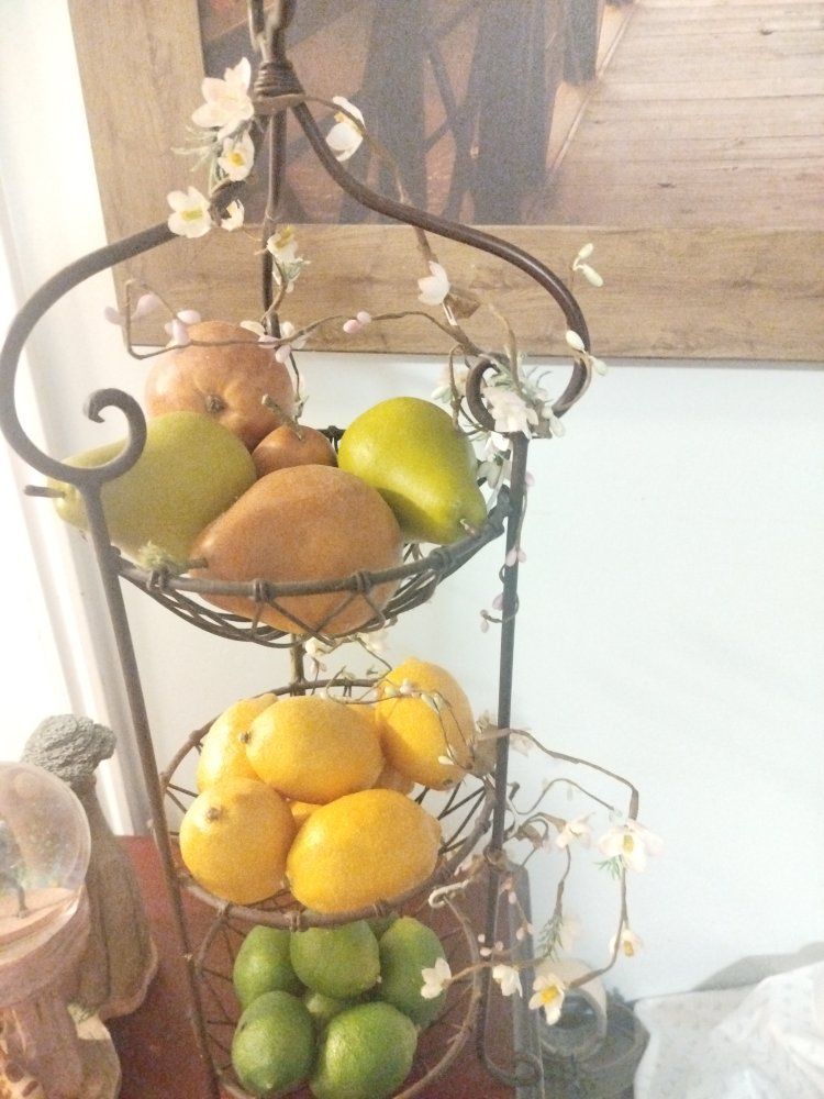 3-Tier Wrought Iron Fruit Basket with Decorative Faux Flowers