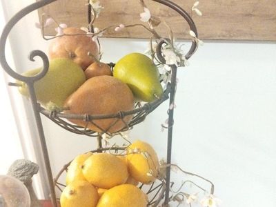 3-Tier Wrought Iron Fruit Basket with Decorative Faux Flowers