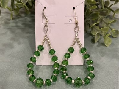 Emerald Green & Silver Beaded Teardrop Dangle Earrings