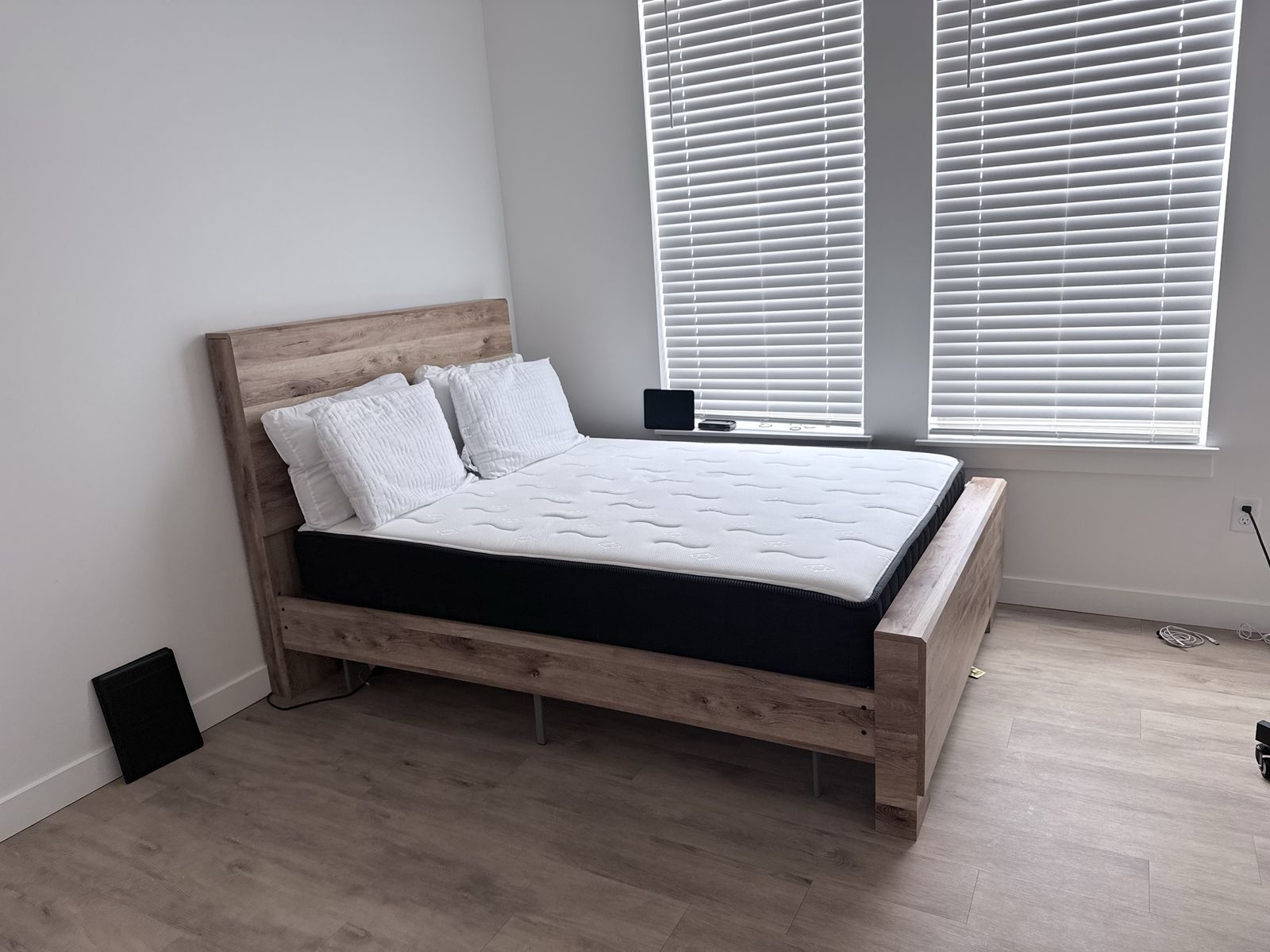 Modern Rustic Wooden Queen Bed Frame with Headboard & Metal Support Slats