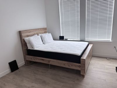 Modern Rustic Wooden Queen Bed Frame with Headboard & Metal Support Slats