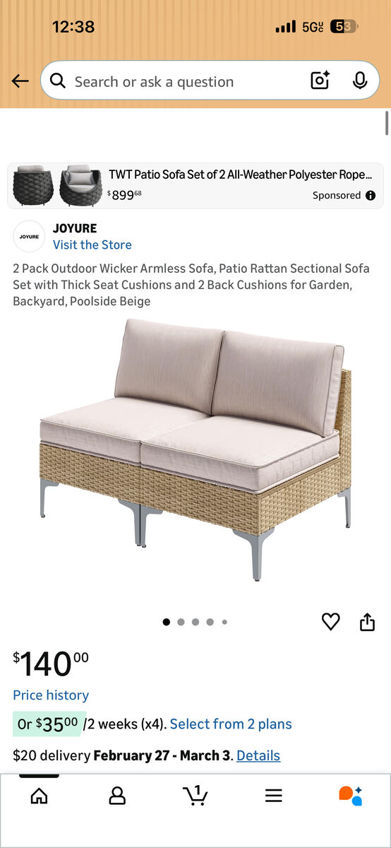 Joyure Outdoor Armless Wicker Patio Sofa
