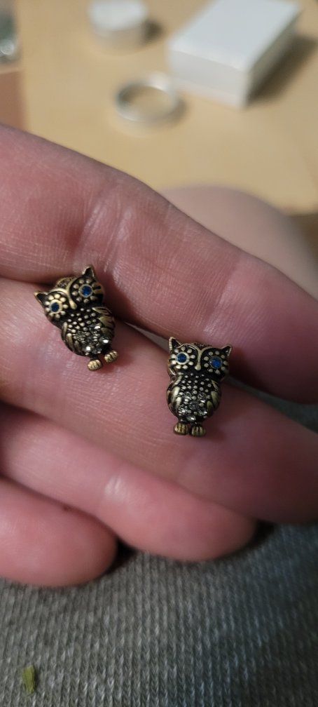 Owl Stud Earrings with Blue Eyes - Unique Animal Design Jewelry