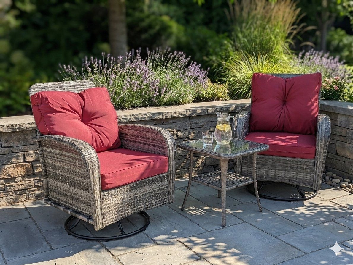 Outdoor Wicker Swivel Chairs & Glass-Top Table Set - 2 Chairs, 1 Table with Red Cushions