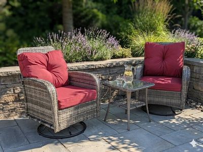 Outdoor Wicker Swivel Chairs & Glass-Top Table Set - 2 Chairs, 1 Table with Red Cushions