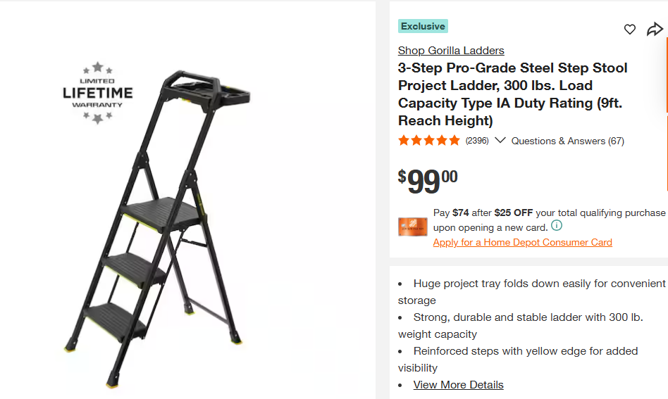 New Gorilla 3-step pro-grade steel project step stool ladder Type IA Duty Rating