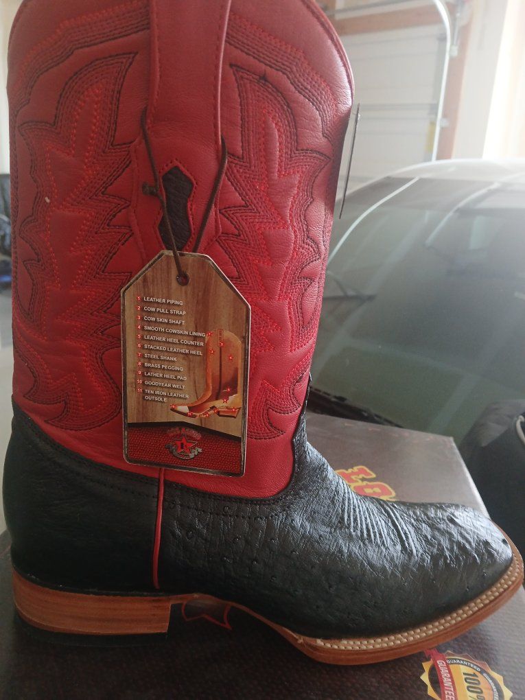 Los Altos Men's Ostrich Skin Cowboy Western Boots Black Red Leather