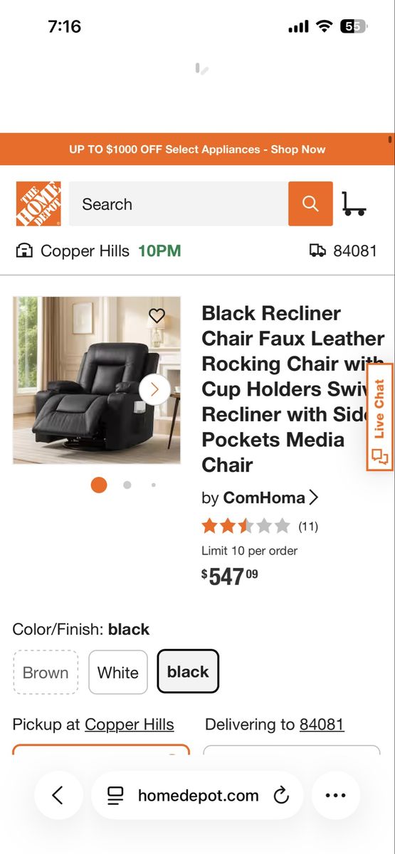 ComHoma Black Faux Leather Swivel Rocking Recliner Chair 
