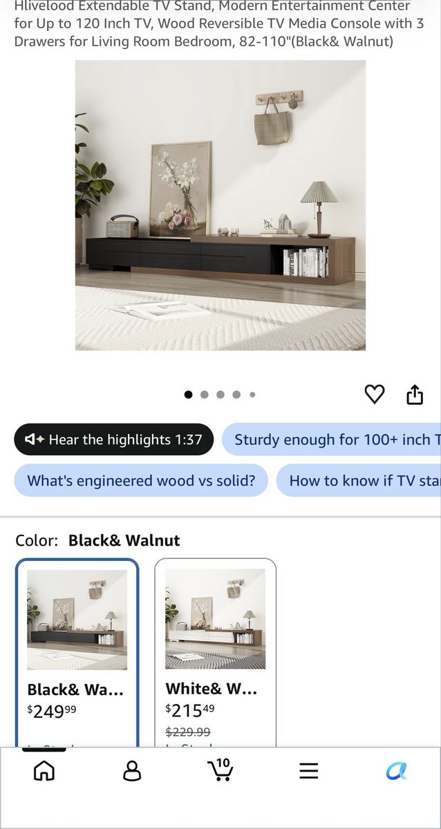 Hlivelood Extendable TV Stand, Modern Entertainment Center, 82-110" Black & Walnut, 3 Drawers