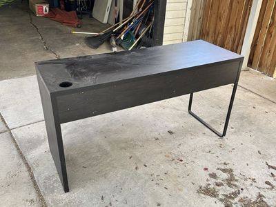 Minimalist Black Wood and Metal Desk with Cable Management Hole - Modern Style