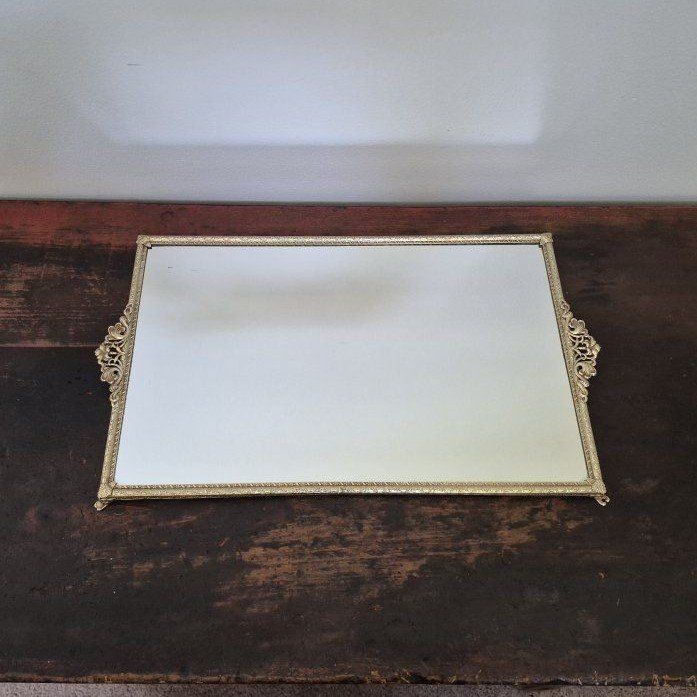 Vintage Gold Ornate Decorative Mirror Vanity Tray Dresser Decor, Excellent Condition