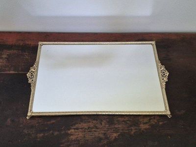 Vintage Gold Ornate Decorative Mirror Vanity Tray Dresser Decor, Excellent Condition