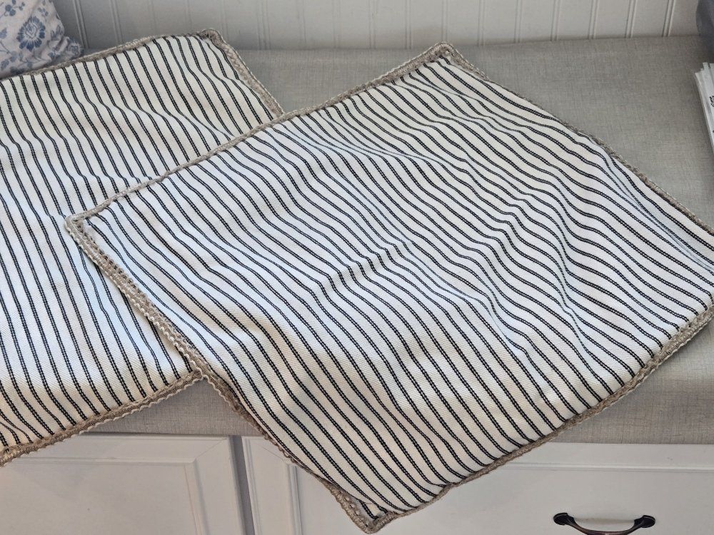 Striped White and Black Fabric Throw Pillow Covers (Set of 2 Euro Size) - Farmhouse Decor