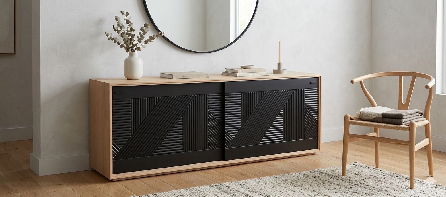 White Oak Credenza With Black Sliding Doors