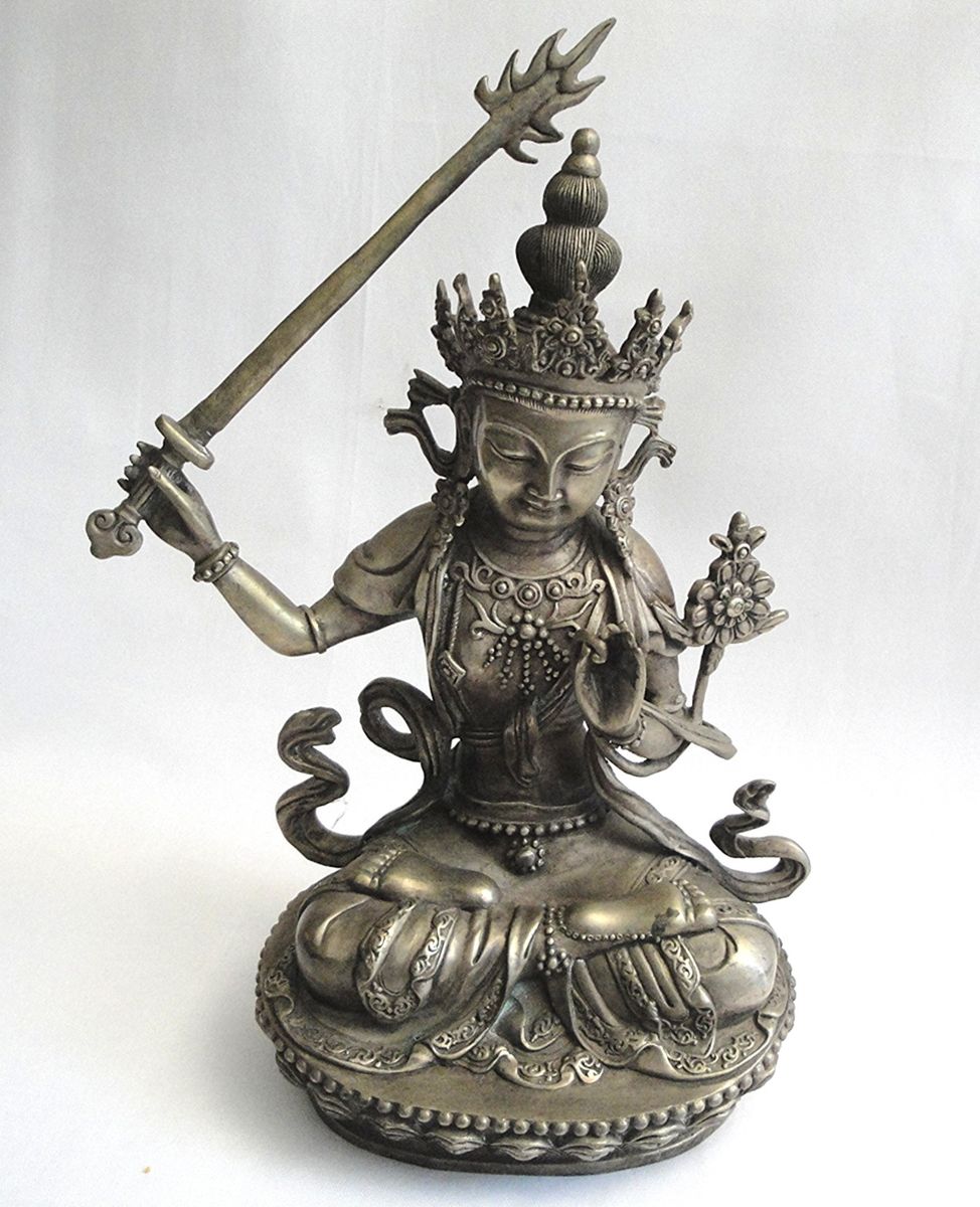 12.4”Tibet Temple Bronze Holding Sword Manjushri Tara Kwan-Yin Buddha Statue
