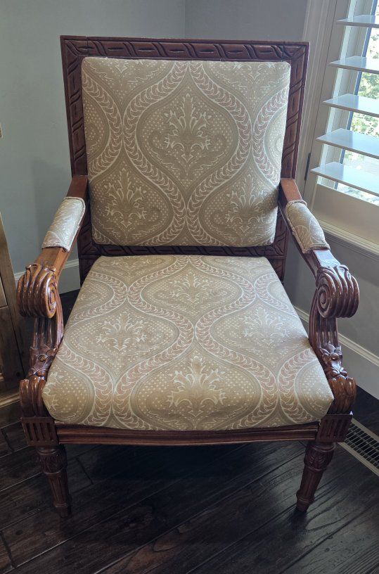 Vintage Carved Wood Accent Armchair with Damask Upholstery