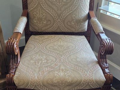 Vintage Carved Wood Accent Armchair with Damask Upholstery