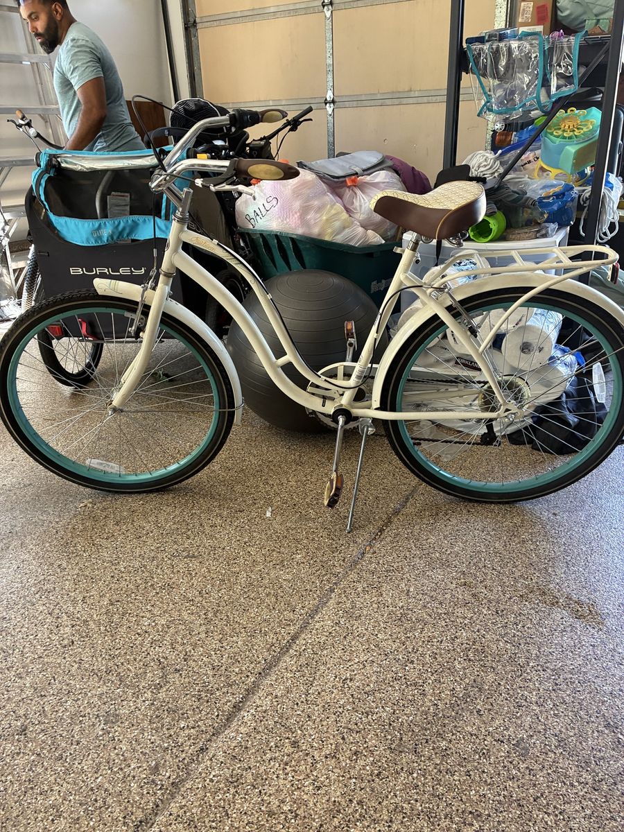 Beach Cruiser Bicycle White and Blue with Rear Rack