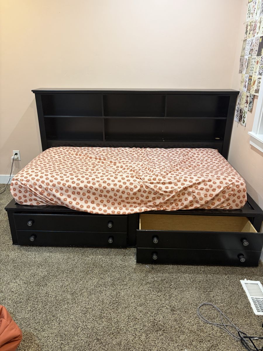 **Free to anyone who wants to come pick it up. Black Wooden Platform Bed with Bookshelf Headboard and Built-in Storage Drawers