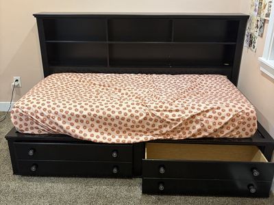 **Free to anyone who wants to come pick it up. Black Wooden Platform Bed with Bookshelf Headboard and Built-in Storage Drawers