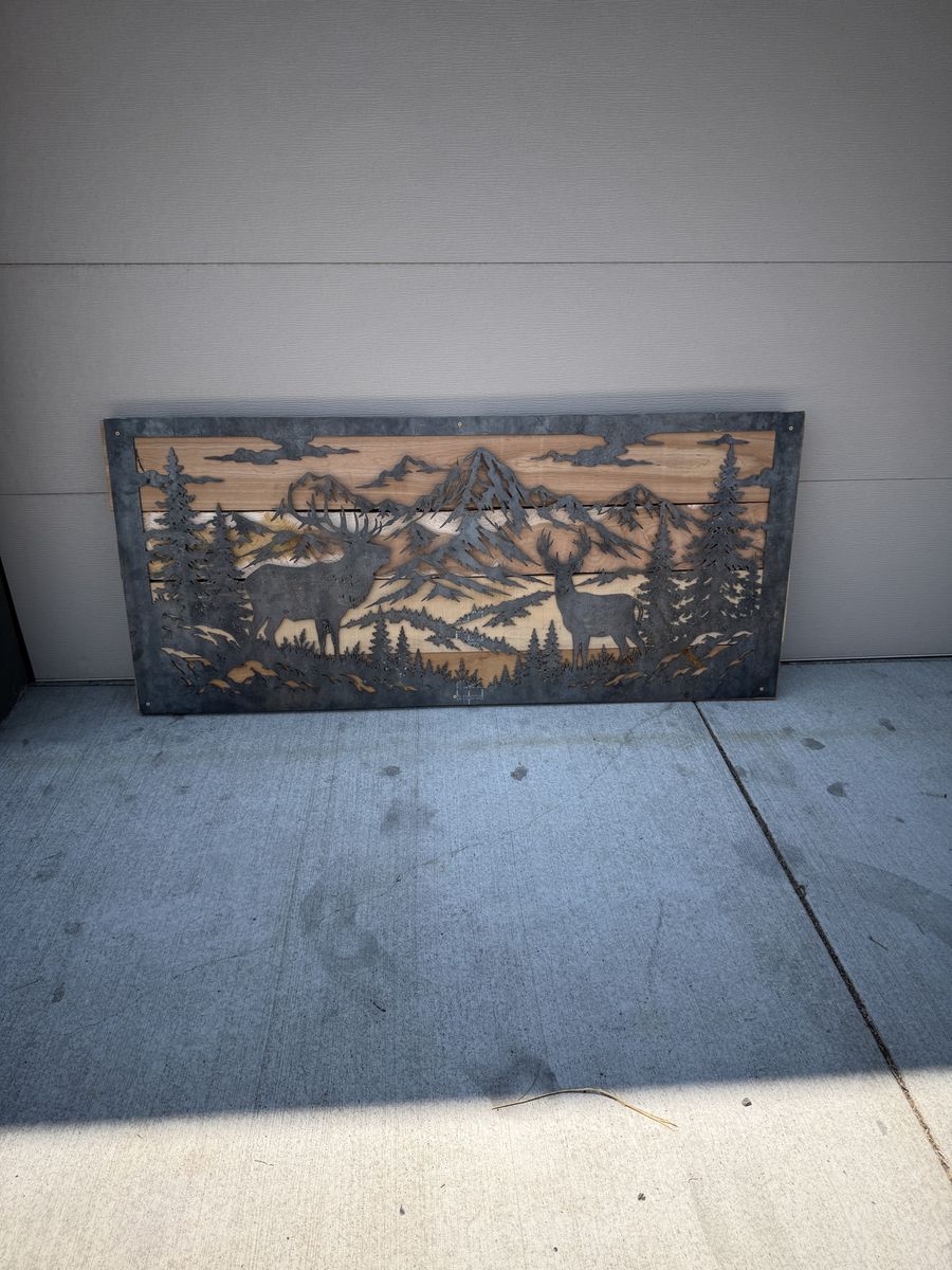 Large Metal & Wood Mountain Deer Scene Wall Art - Rustic Home Decor