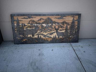 Large Metal & Wood Mountain Deer Scene Wall Art - Rustic Home Decor
