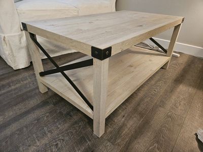 Farmhouse Style Coffee Table with Lower Shelf - Light Wood & Black Metal X-Accents