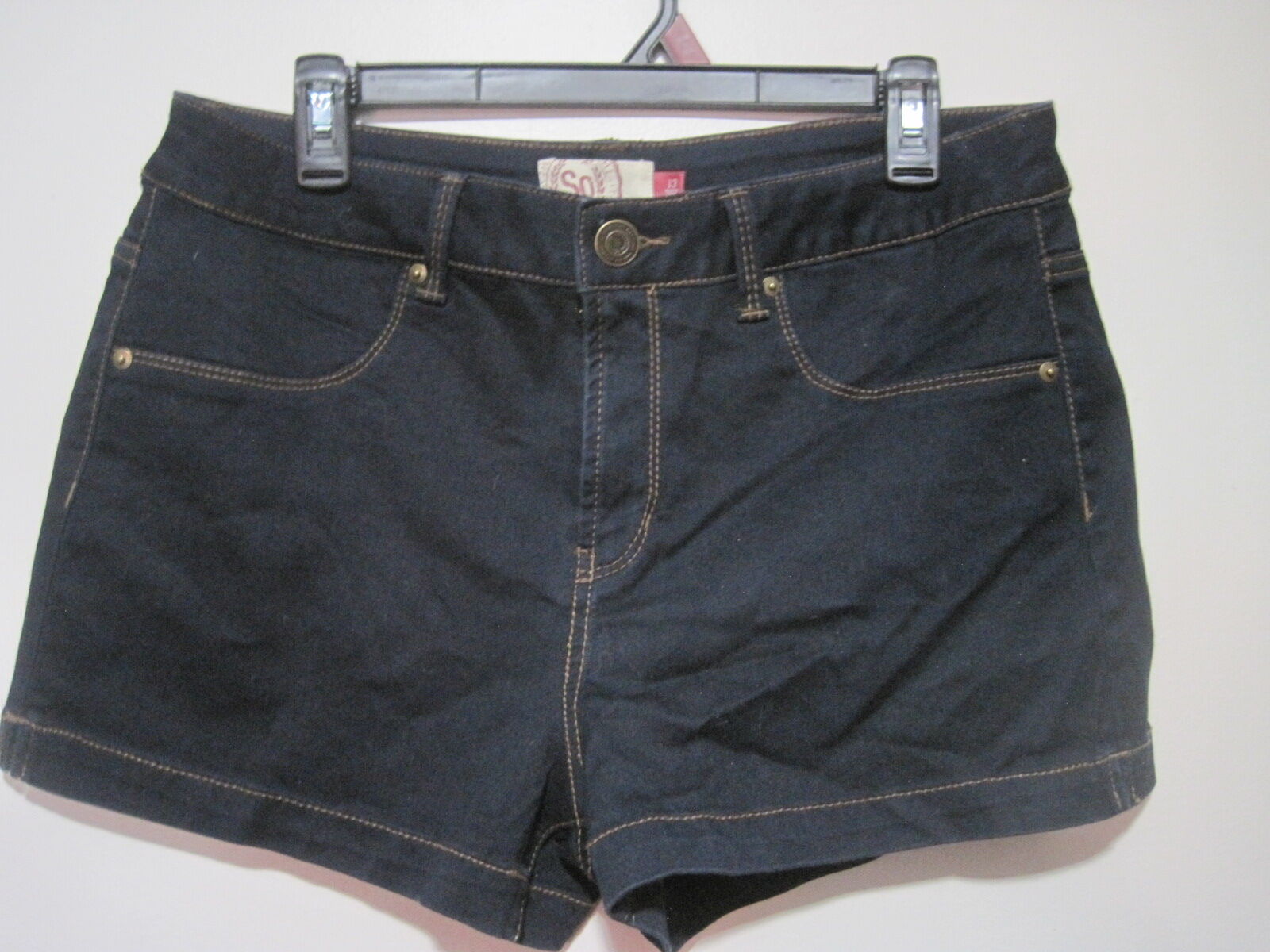 SO Navy Blue Mini Hot Shorts Womens Size 13 Mid Rise Cotton Polyester Flat Front