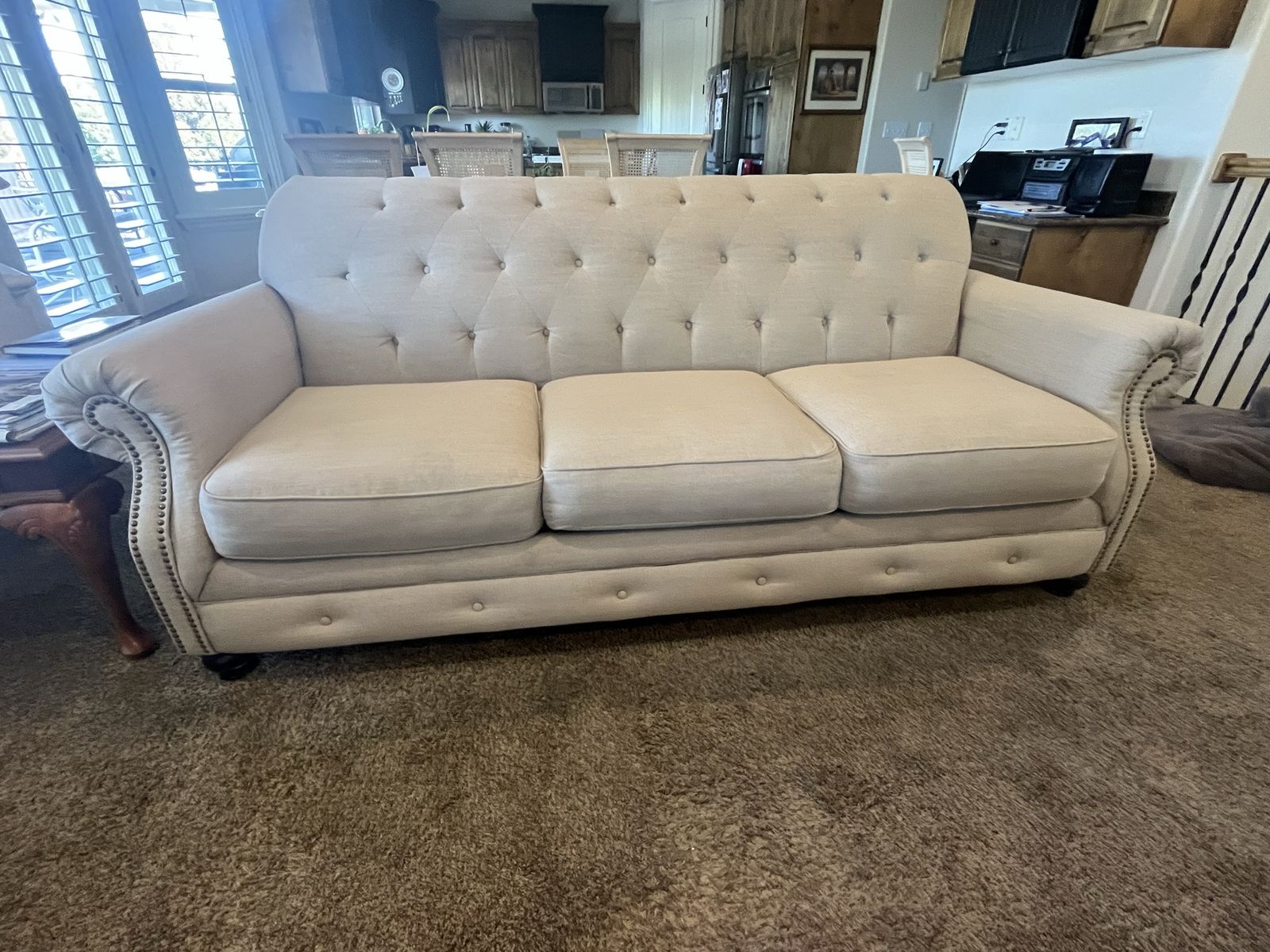 Tufted Linen 3-Cushion Sofa with Rolled Arms and Nailhead Trim