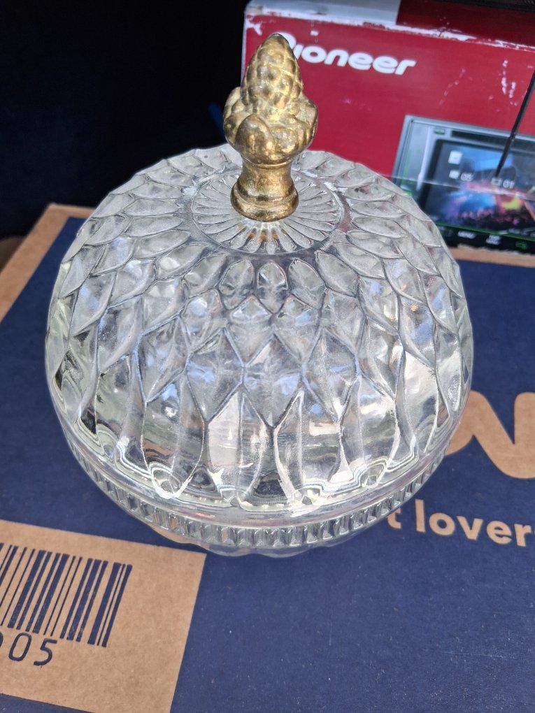 Vintage Cut Glass Covered Jar with Brass Pineapple Finial