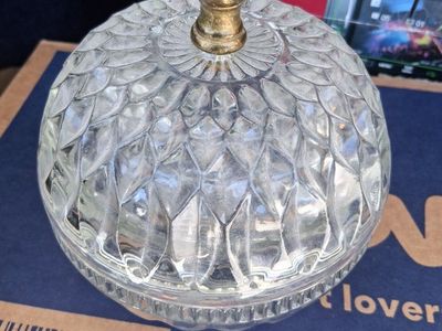 Vintage Cut Glass Covered Jar with Brass Pineapple Finial