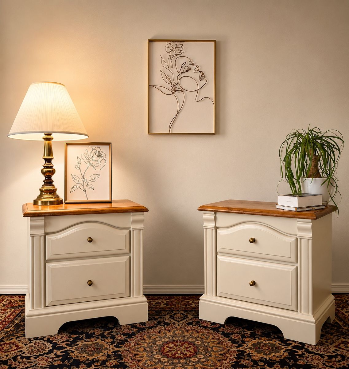 Professionally Refinished Solid Oak Nightstands | Sherwin-Williams Shiitake | Antique Brass | Pair