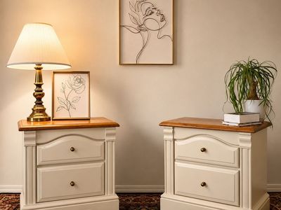 Professionally Refinished Solid Oak Nightstands | Sherwin-Williams Shiitake | Antique Brass | Pair