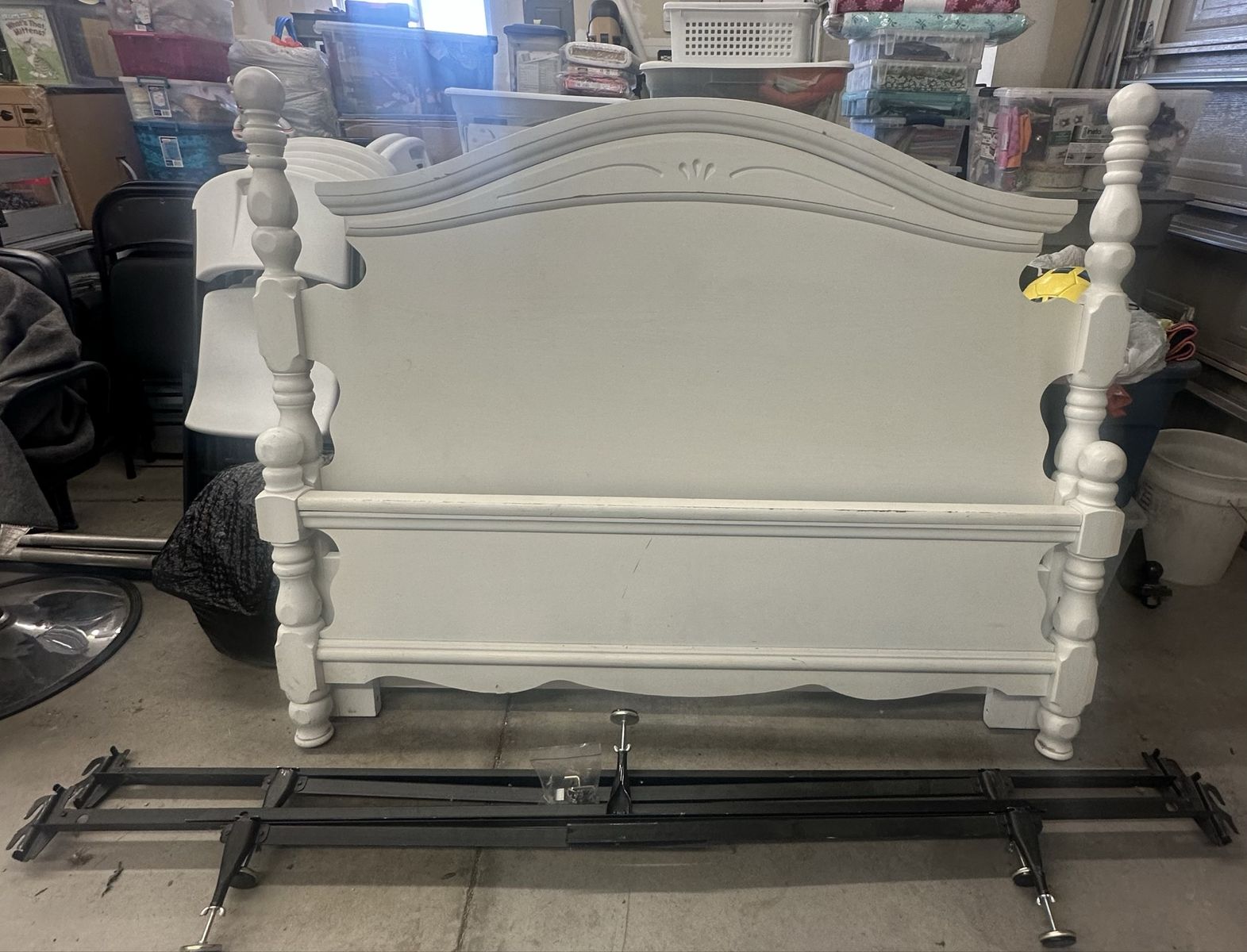 White Wooden Queen Size Headboard and Footboard with Metal Bed Frame - Classic Design