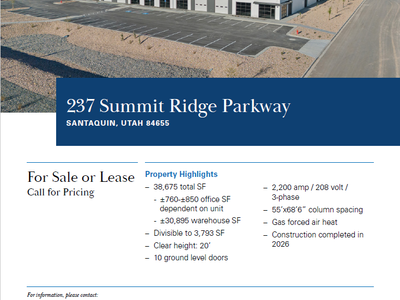 FOR SALE OR LEASE | 3,793 SF - 38,675 SF of Warehouse/Office Space in Santaquin, UT.