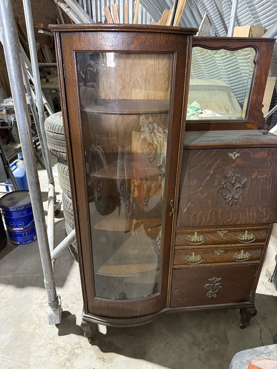 Antique Oak Secretary Desk with Curio Cabinet and Mirror - Ornate Carvings