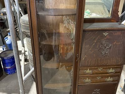 Antique Oak Secretary Desk with Curio Cabinet and Mirror - Ornate Carvings
