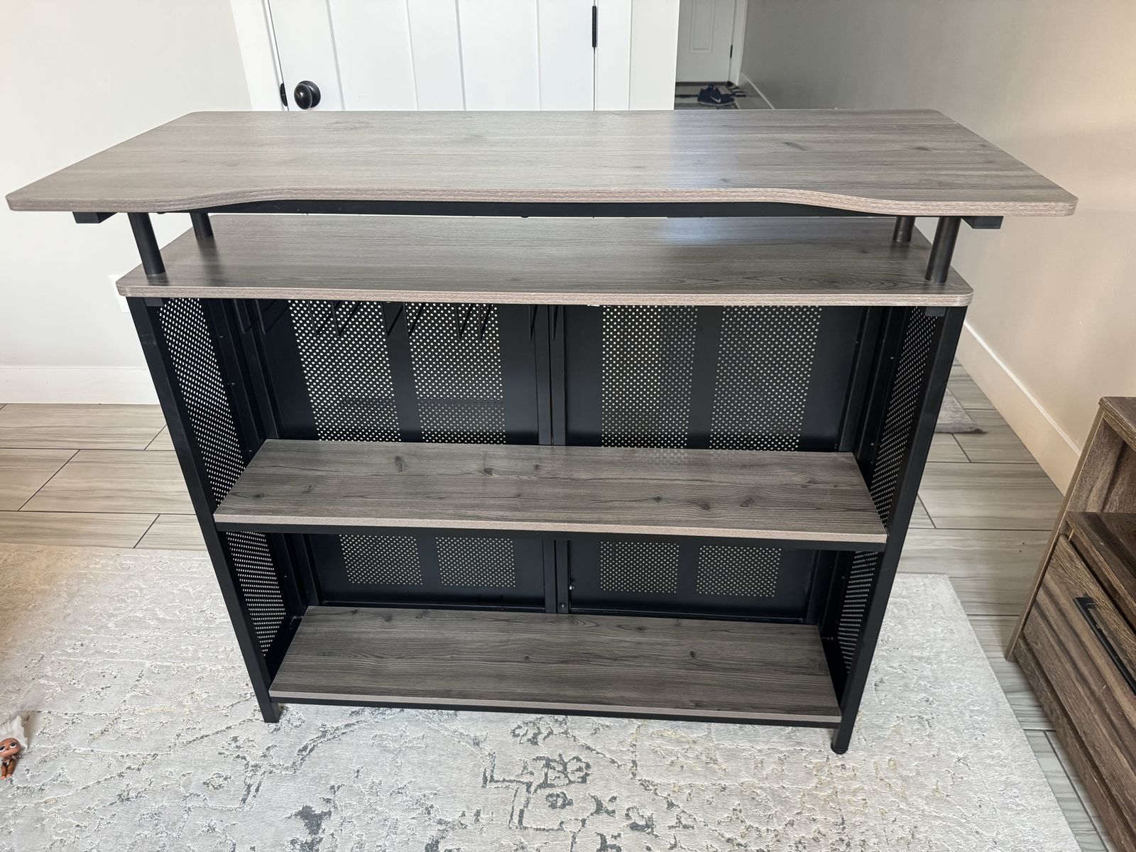 Modern Gray brownish and Black Industrial Style Bar Cabinet with Storage Shelves