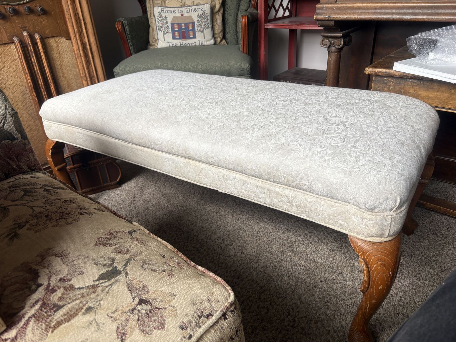 Upholstered Bench with Cabriole Legs - White Jacquard Fabric