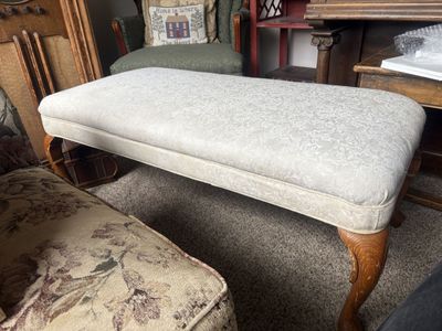 Upholstered Bench with Cabriole Legs - White Jacquard Fabric