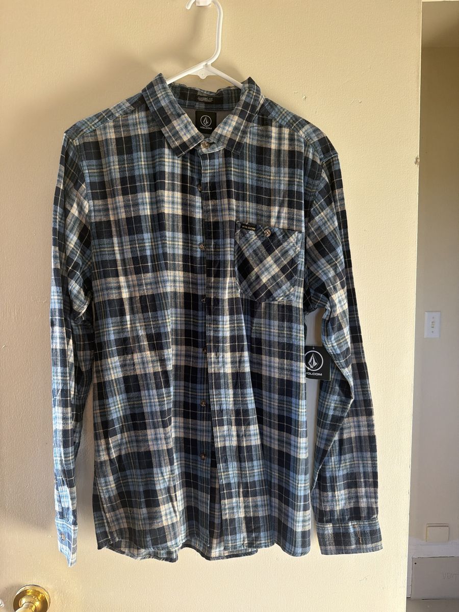 NEW Volcom Plaid Long Sleeve Flannel Shirt Blue Black Size Large New with Tags