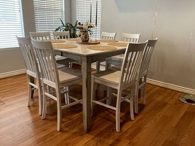 Rustic Farmhouse Style Dining Table & 8 Chairs - Distressed White/Natural Wood Finish