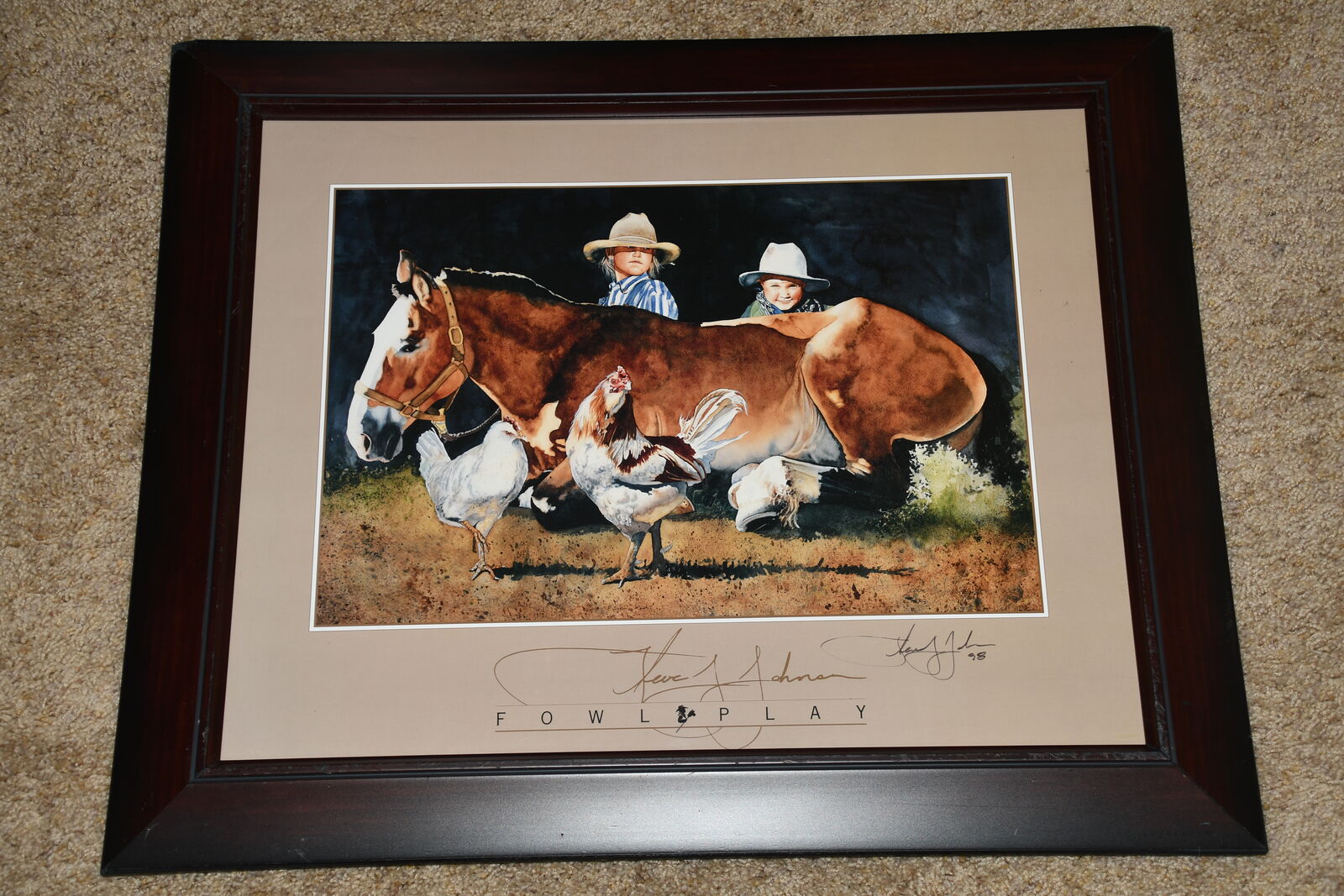 VINTAGE 1998 "FOWL PLAY" PICTURE ~ SIGNED STEVE J JOHNSON ~ 20" x 24" FRAMED ~ KIDS, HORSE & CHICKENS