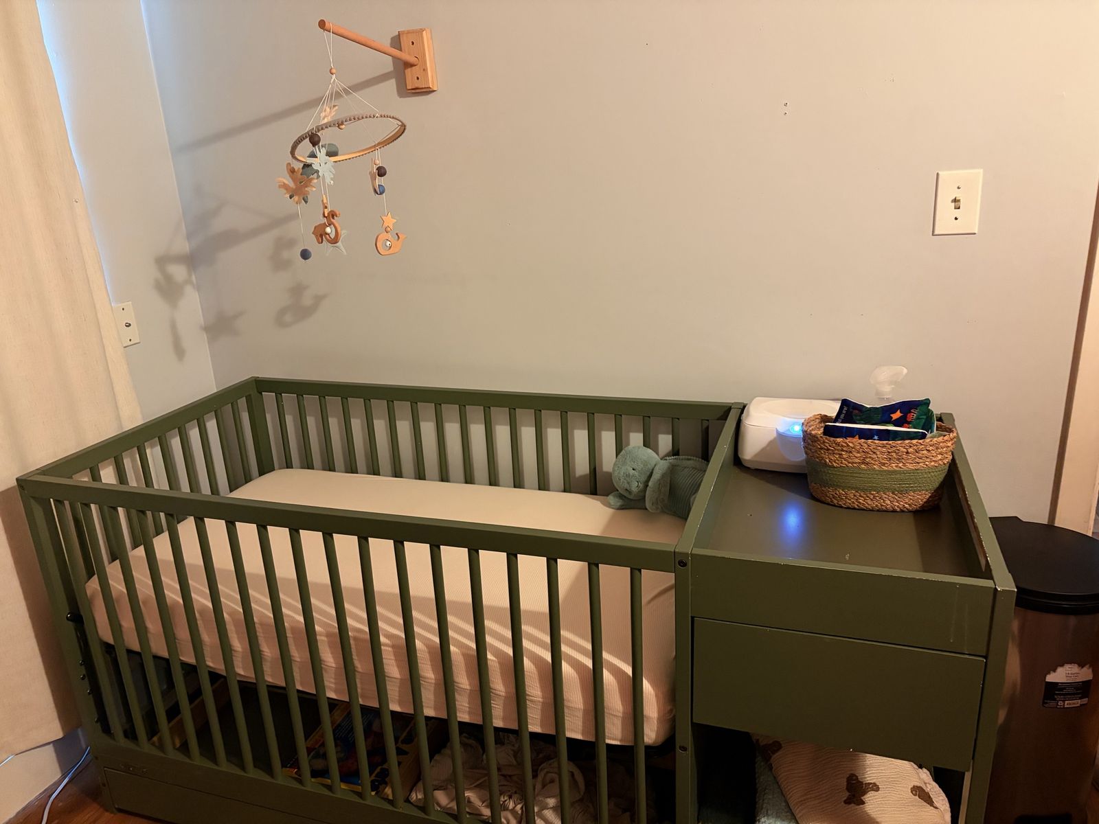 Olive Green Baby Crib with Attached Changing Table and Drawer