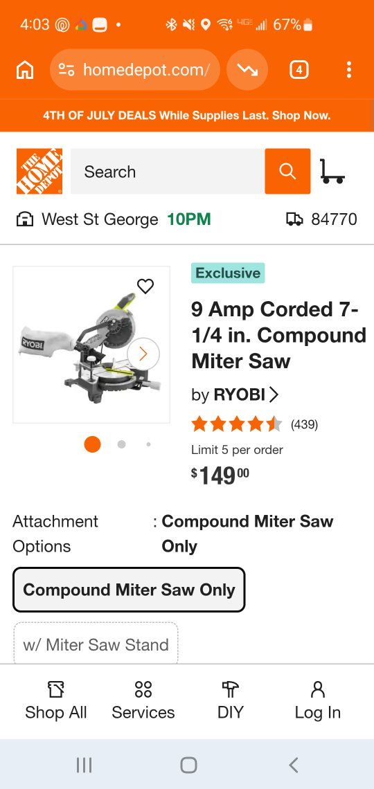RYOBI 9 Amp Corded 7-1/4 in. Compound Miter Saw - Excellent Condition