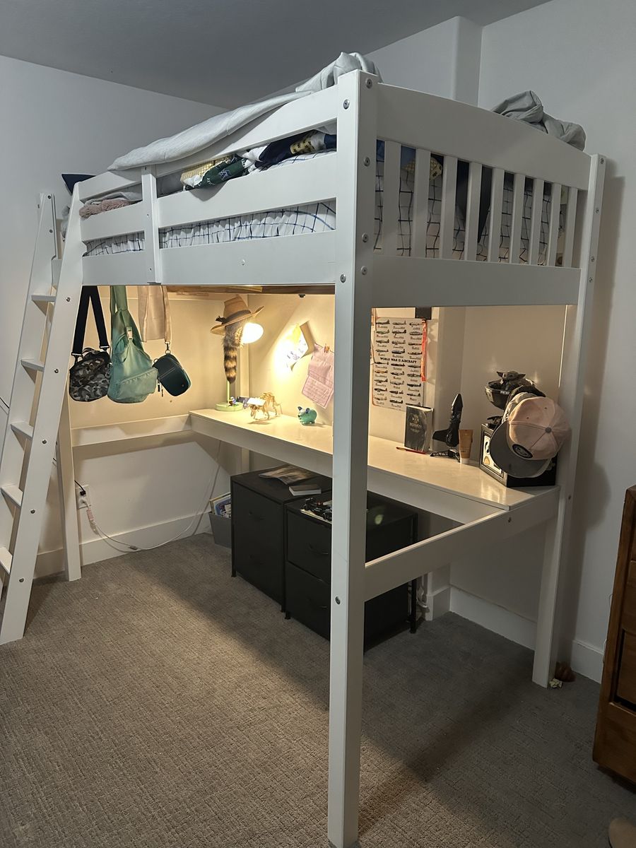 White Wooden Loft Bed with Built-in Desk